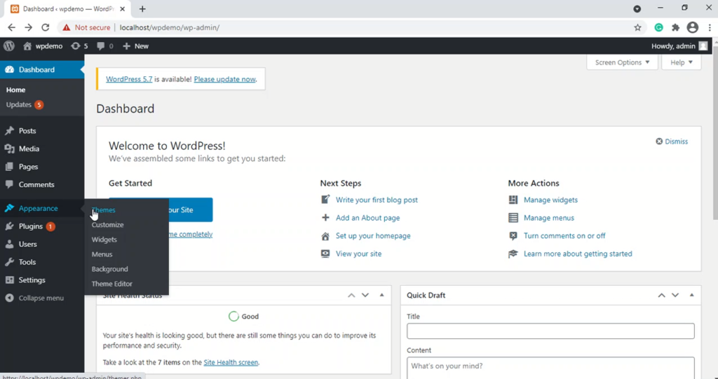 going to theme section in wordpress dashboard